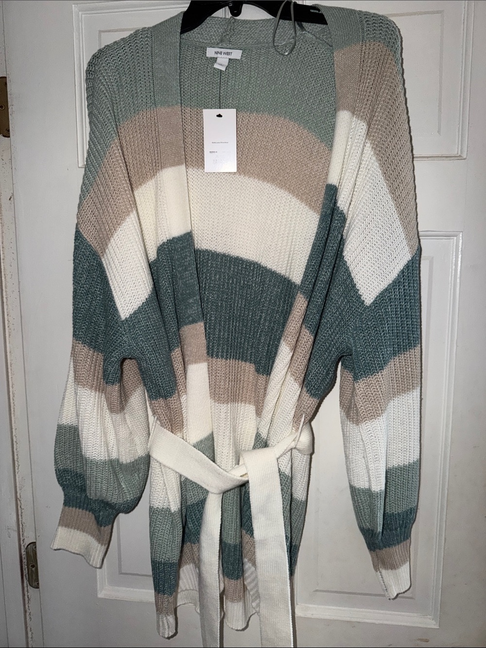 Nine West Sage, Cream & Taupe Striped Belted Open-Front Cardigan
